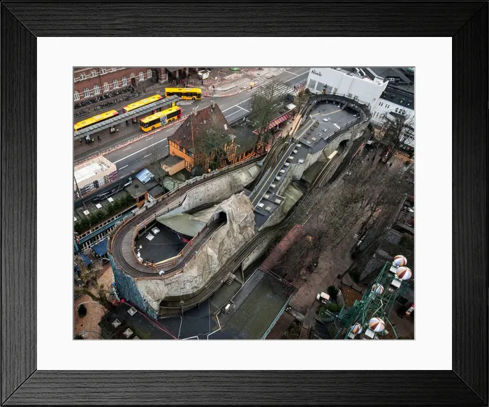 Framed Print : Tivoli Gardens, Copenhagen, Denmark. Architect: Various, 2014. Rutschebanen wooden rollercoaster from 1914 Framed Print : Tivoli Gardens, Copenhagen, Denmark. Architect: Various, 2014. Rutschebanen wooden rollercoaster from 1914
