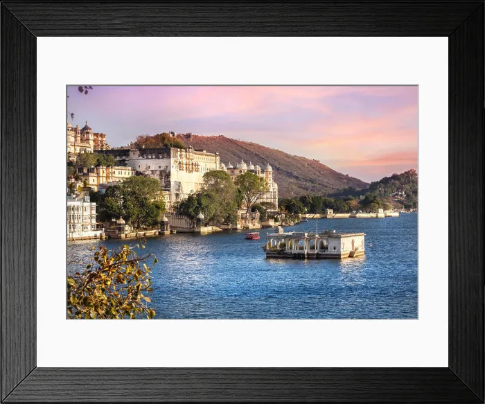 Framed Print : Lake Pichola with City Palace view at pink sunset sky in Udaipur, Rajasthan, India Framed Print : Lake Pichola with City Palace view at pink sunset sky in Udaipur, Rajasthan, India