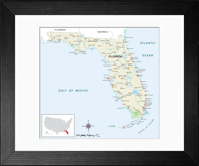 Framed Print : Highly detailed physical map of the US state of florida Framed Print : Highly detailed physical map of the US state of florida