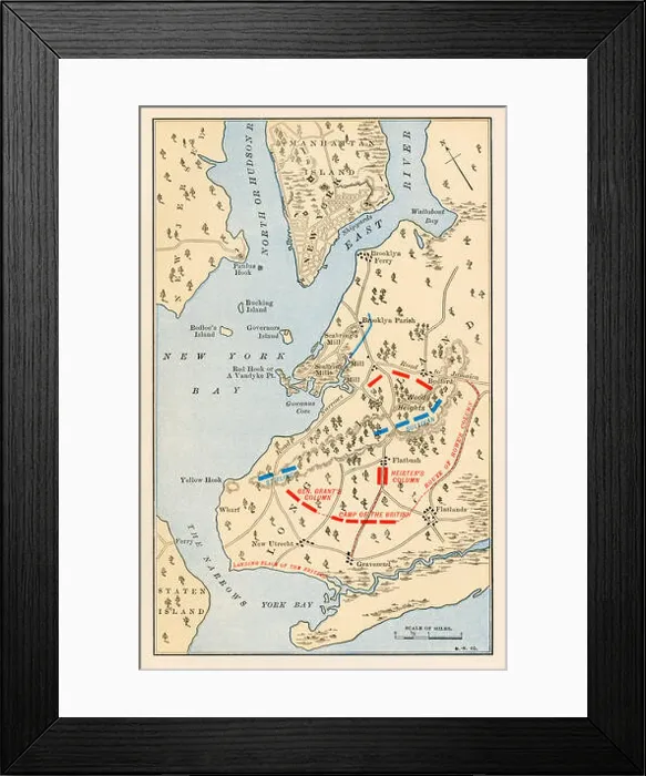 Framed Print : Battle of Long Island battlefield map, Revolutionary War. Color lithograph Framed Print : Battle of Long Island battlefield map, Revolutionary War. Color lithograph
