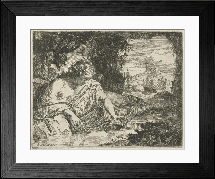 Framed Print : Narcissus, Arnold Houbraken, 1688 - 1700 print Narcissus looks in a cave at his own reflection in the water Framed Print : Narcissus, Arnold Houbraken, 1688 - 1700 print Narcissus looks in a cave at his own reflection in the water