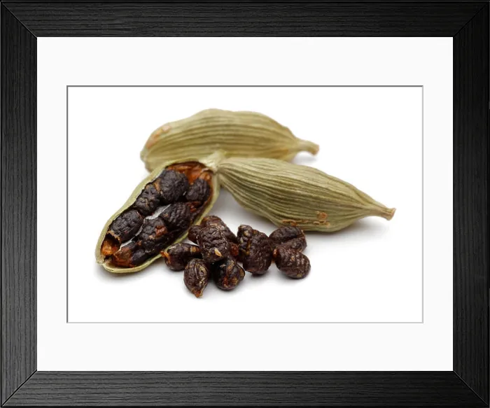 Framed Print : Green cardamom pods and seeds close up on white background Framed Print : Green cardamom pods and seeds close up on white background