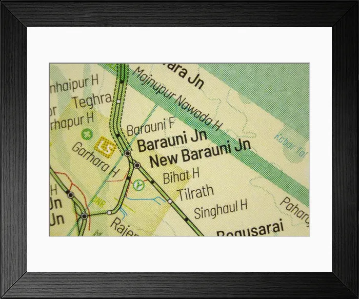 Framed Print : Barauni Jn - India Railways junction a schematic transport map train station in atlas style town or city name Framed Print : Barauni Jn - India Railways junction a schematic transport map train station in atlas style town or city name