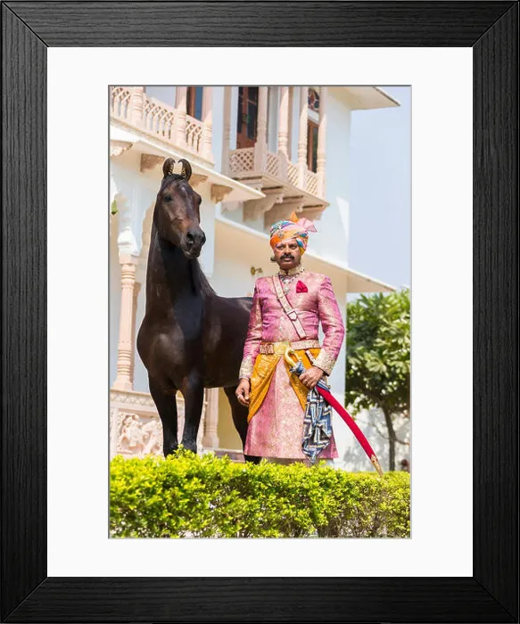 Framed Print : Marwari Horse. Man in traditional attire standing next to a bay stallion. Rajasthan, India