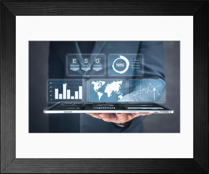 Framed Print : Businessman use tablet for analyze return on investment ESG Framed Print : Businessman use tablet for analyze return on investment ESG