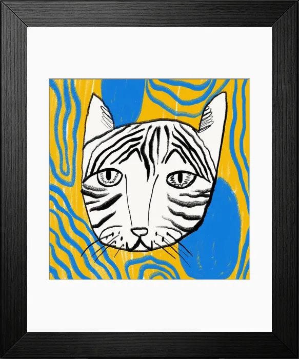 Framed Print : A whimsical digital illustration of a sketched cat with prominent stripes against a brightly colored Framed Print : A whimsical digital illustration of a sketched cat with prominent stripes against a brightly colored