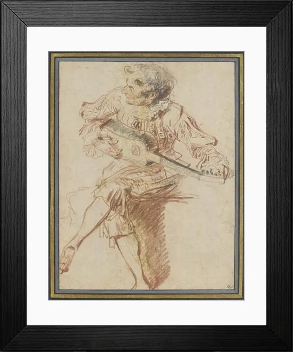 Framed Print : Antoine Watteau's Study of a Seated Guitarist is a work in sanguine and black chalk from the early 18th century Framed Print : Antoine Watteau's Study of a Seated Guitarist is a work in sanguine and black chalk from the early 18th century