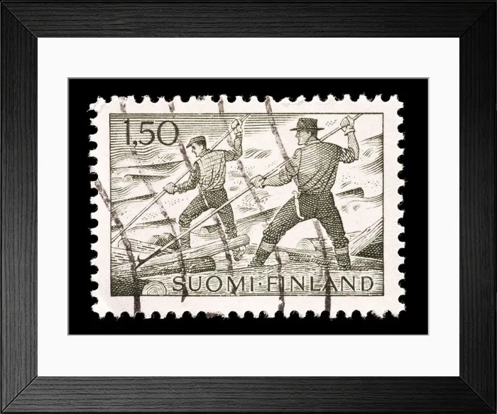 Framed Print : Postage stamp from Finland depicting log floating in the lumber industry Framed Print : Postage stamp from Finland depicting log floating in the lumber industry