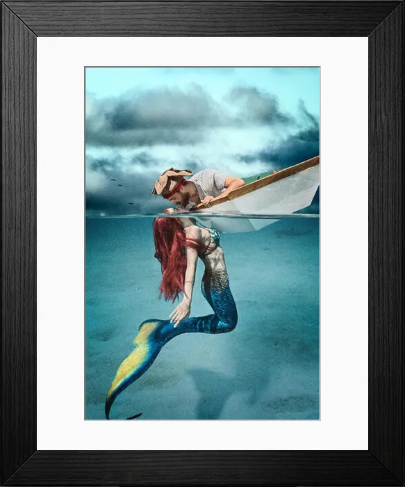 Framed Print : Redhead mermaid kissing a pirate in his boat Framed Print : Redhead mermaid kissing a pirate in his boat