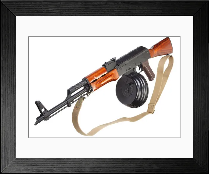 Framed Print : AKM (Avtomat Kalashnikova) Kalashnikov assault rifle with 75 Round Drum Magazine isolated Framed Print : AKM (Avtomat Kalashnikova) Kalashnikov assault rifle with 75 Round Drum Magazine isolated