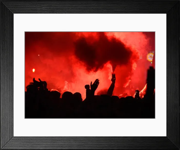Framed Print : Fans burning flares.Around 3, 000 PSG fans gathered on the streets close to Santiago Bernabeu stadium ahead of the UEFA Framed Print : Fans burning flares.Around 3, 000 PSG fans gathered on the streets close to Santiago Bernabeu stadium ahead of the UEFA