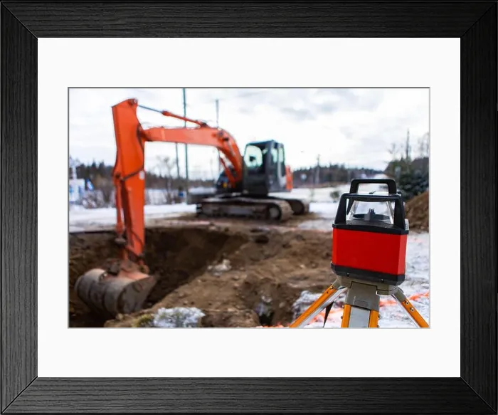Framed Print : A close up view of a laser level with tripod set up on a building site Framed Print : A close up view of a laser level with tripod set up on a building site