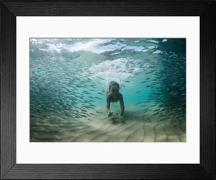 Framed Print : Underwater shot of boy swimming with shoal of fish Framed Print : Underwater shot of boy swimming with shoal of fish
