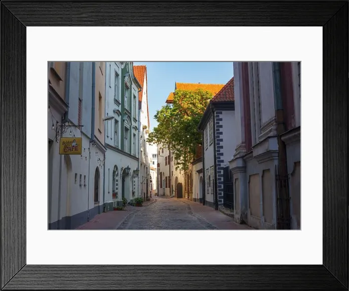 Framed Print : RIGA, LATVIA - JULY 16, 2023: Street in old town of Riga Framed Print : RIGA, LATVIA - JULY 16, 2023: Street in old town of Riga