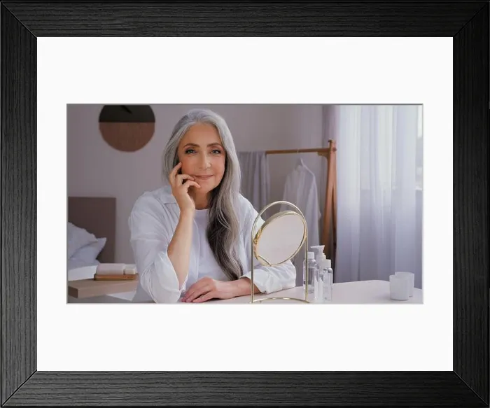 Framed Print : Caucasian old beautiful 60s senior lady mature aging elderly model woman with gray hair female granny grandmother