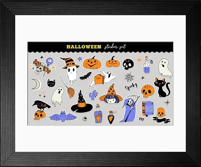 Framed Print : Halloween cute stickers collection. Hand drawn vector illustration Framed Print : Halloween cute stickers collection. Hand drawn vector illustration