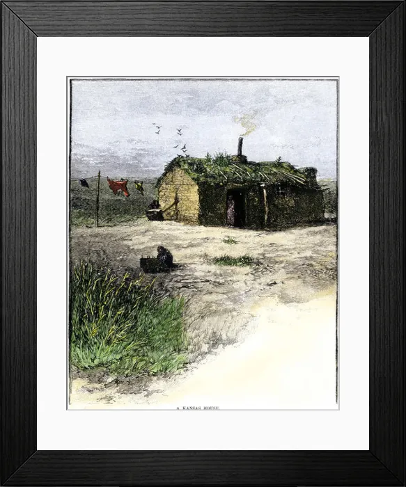 Framed Print : Pioneer family sod house on the Kansas Great Plains 1800s. Hand-colored woodcut