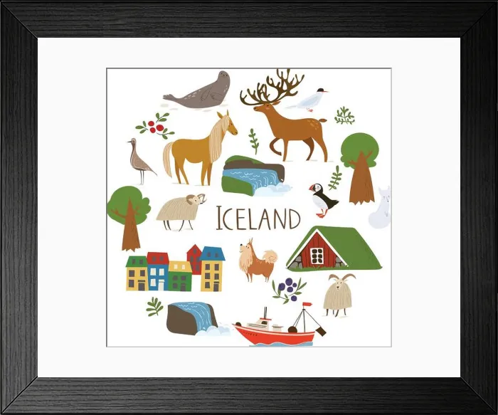 Framed Print : Iceland nature vectorin a circle with symbols of landscapes, animals and architecture Framed Print : Iceland nature vectorin a circle with symbols of landscapes, animals and architecture