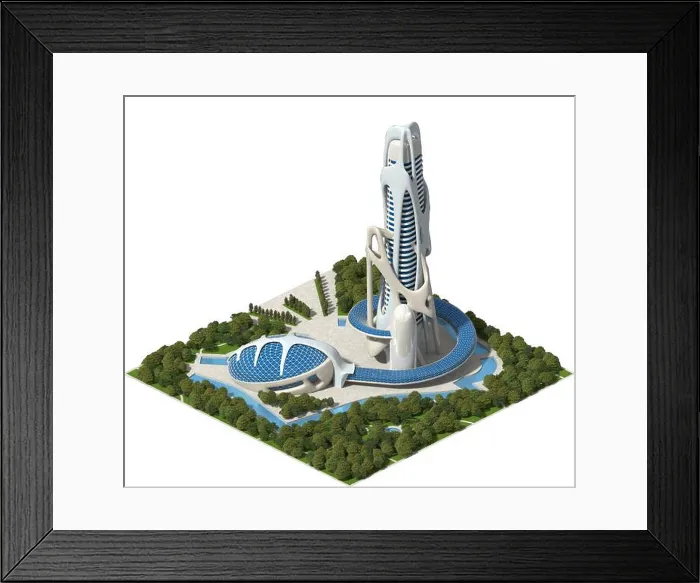Framed Print : Futuristic landscaped architecture 3D model for a tiled game rendered in dimetric projection with an orthographic Framed Print : Futuristic landscaped architecture 3D model for a tiled game rendered in dimetric projection with an orthographic