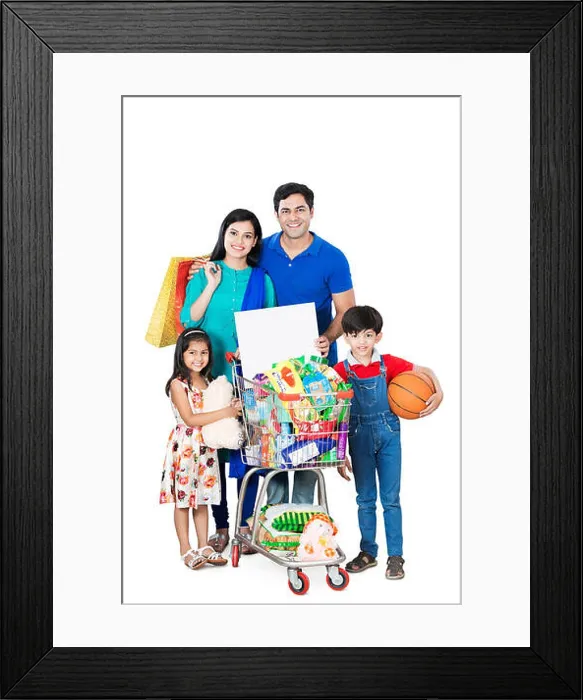 Framed Print : Happy Family, Parents And Children Showing Message-Board With Shopping-Cart grocery Framed Print : Happy Family, Parents And Children Showing Message-Board With Shopping-Cart grocery