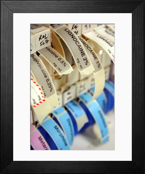 Framed Print : drug information stickers in anaesthetic room in hospital theatre area Framed Print : drug information stickers in anaesthetic room in hospital theatre area