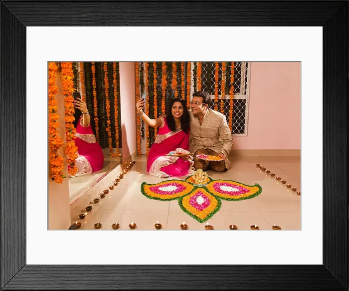 Framed Print : 2 Married Couples Husband and wife Diwali Festivals Home Rangoli Decoration and Mobile phone Selfie Clicking Picture Framed Print : 2 Married Couples Husband and wife Diwali Festivals Home Rangoli Decoration and Mobile phone Selfie Clicking Picture