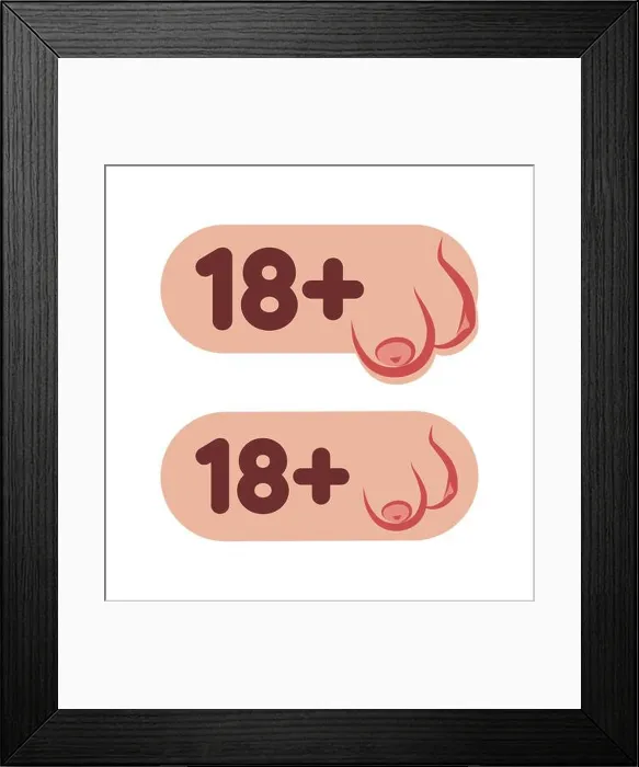 Framed Print : 18 Plus Adult Stickers with Female breast for Web and Print isolated on white Framed Print : 18 Plus Adult Stickers with Female breast for Web and Print isolated on white