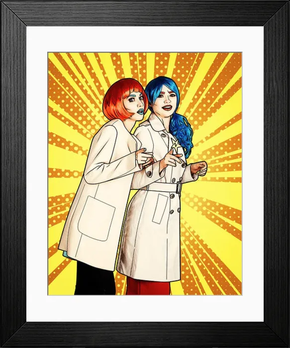 Framed Print : Female detectives investigate a crime. Young women in comic pop art make-up style Framed Print : Female detectives investigate a crime. Young women in comic pop art make-up style