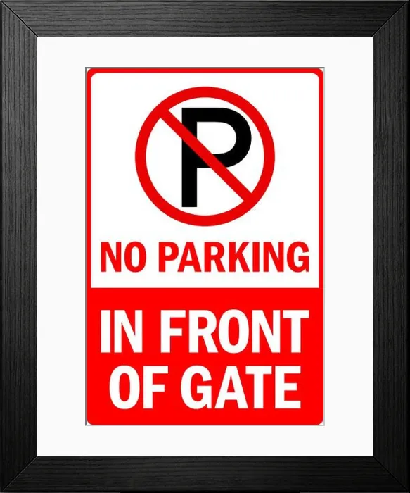 Framed Print : No parking in front of gate warning sign. Safety signs and symbols Framed Print : No parking in front of gate warning sign. Safety signs and symbols