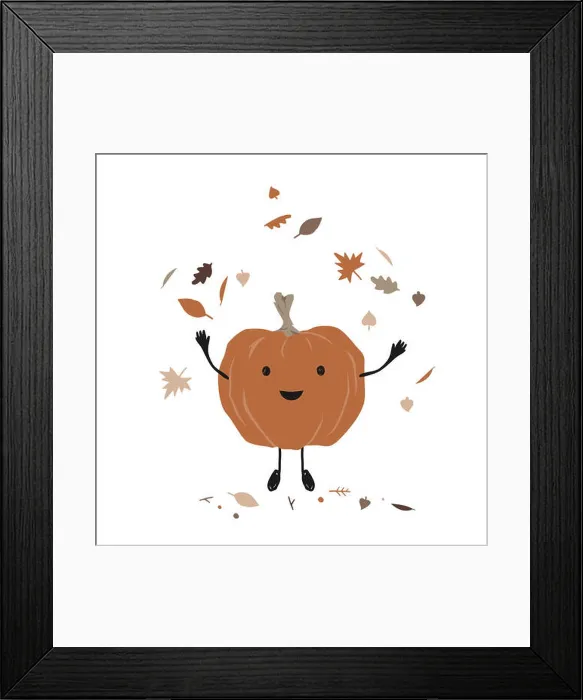 Framed Print : Cute smiling pumpkin throwing up leaves in the air. Cartoon Autumn character enjoying fall season, vector illustration Framed Print : Cute smiling pumpkin throwing up leaves in the air. Cartoon Autumn character enjoying fall season, vector illustration