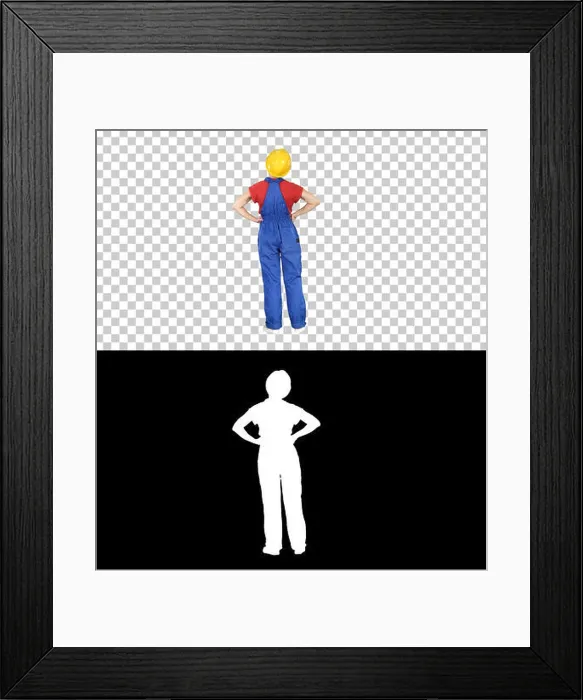 Framed Print : Woman engineer in construction helmet stands with hands on hips, Alpha Channel Framed Print : Woman engineer in construction helmet stands with hands on hips, Alpha Channel