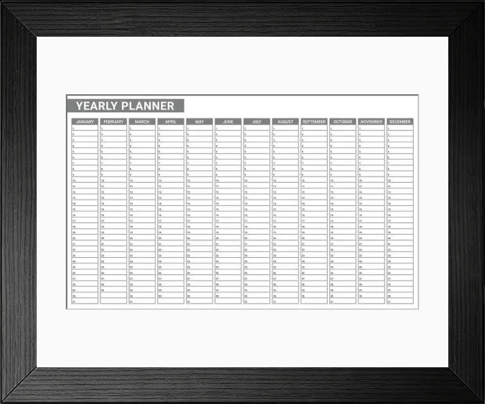 Framed Print : Yearly calendar empty planner template. List of task monthly written on paper Framed Print : Yearly calendar empty planner template. List of task monthly written on paper