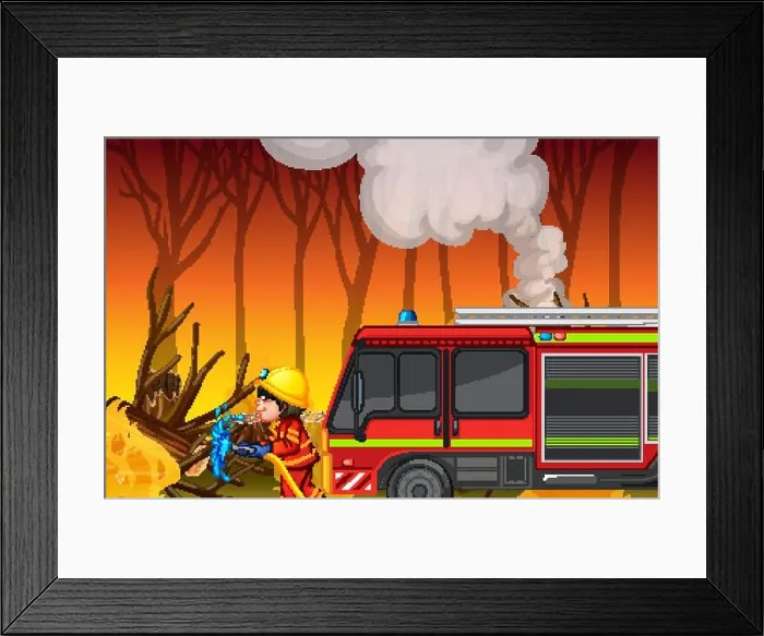Framed Print : Accident scene with forest fire illustration Framed Print : Accident scene with forest fire illustration