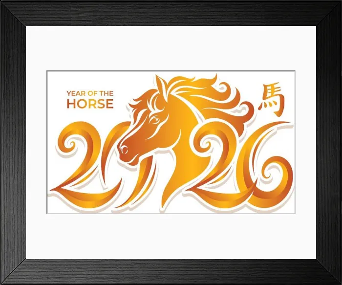 Framed Print : Golden Happy new year 2026 typography with hand drawn of horse illustration. Translation : Horse Framed Print : Golden Happy new year 2026 typography with hand drawn of horse illustration. Translation : Horse
