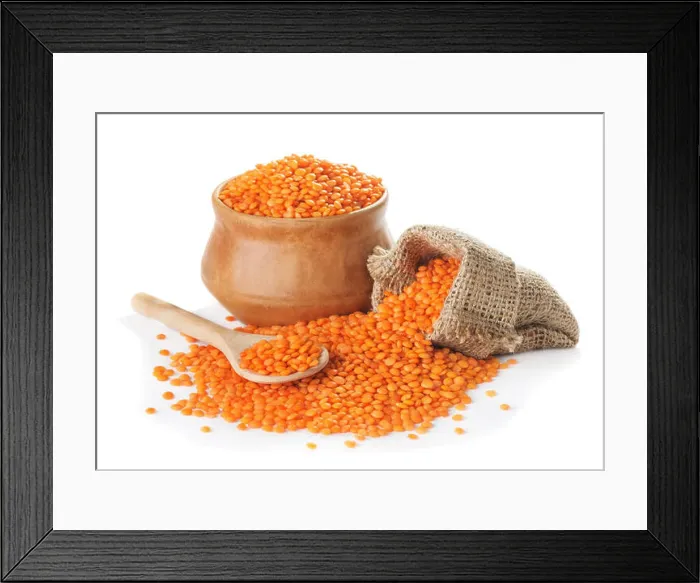 Framed Print : Red lentils in bowl and bag, spoon isolated on a white background closeup
