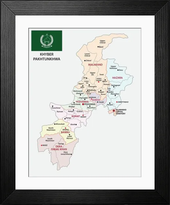 Framed Print : administrative vector map of pakistani province of Khyber Pakhtunkhwa with flag, Pakistan Framed Print : administrative vector map of pakistani province of Khyber Pakhtunkhwa with flag, Pakistan