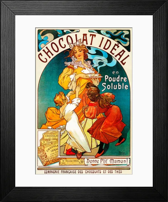 Framed Print : Mucha, Chocolat Ideal, 1897 Art Nouveau poster by Alphonse Mucha for the French hot chocolate drink Framed Print : Mucha, Chocolat Ideal, 1897 Art Nouveau poster by Alphonse Mucha for the French hot chocolate drink