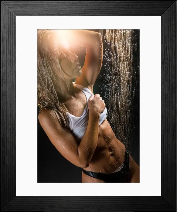 Framed Print : Athletic sexy girl having shower in the dark