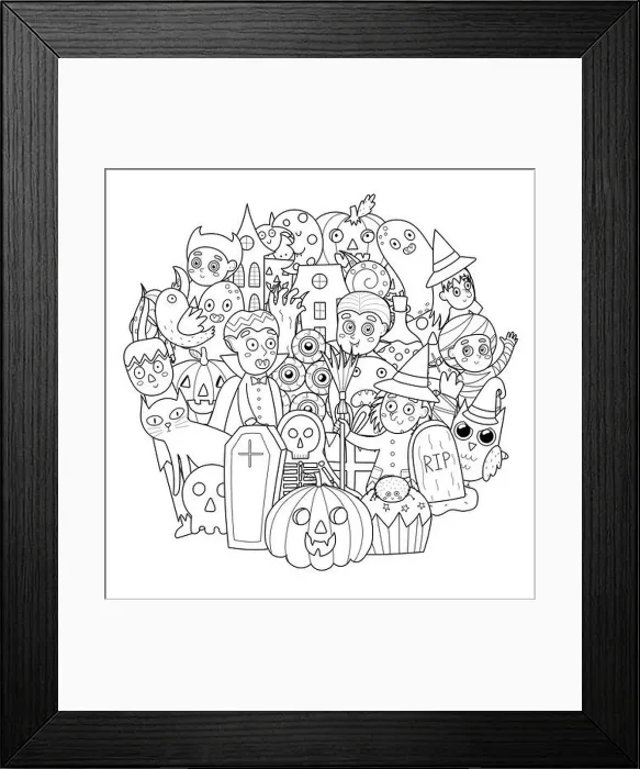 Framed Print : Doodle Halloween characters coloring page. Spooky circle shape print. Halloween black and white mandala