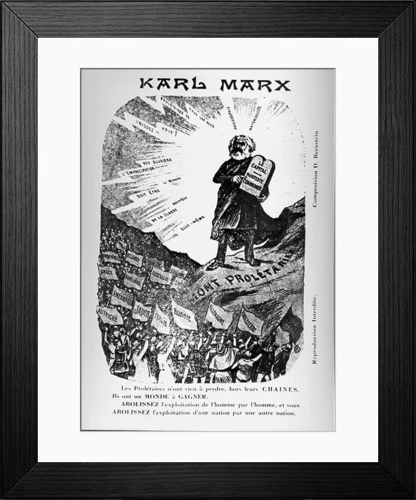 Framed Print : 19th century French illustration depicting Karl Marx depicted as Moses presenting the two central points of communism Framed Print : 19th century French illustration depicting Karl Marx depicted as Moses presenting the two central points of communism