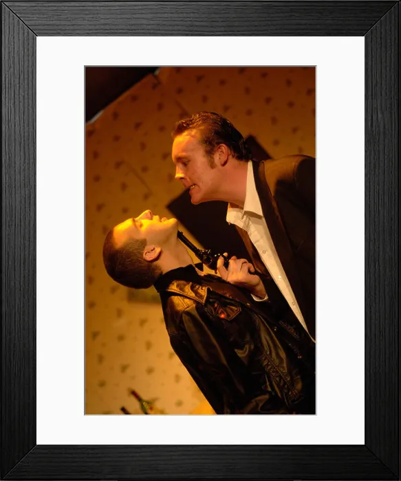Framed Print : two male actors performing in Joe Orton's play The Ruffian on the Stair; Aberystwyth arts centre Ceredigion wales Framed Print : two male actors performing in Joe Orton's play The Ruffian on the Stair; Aberystwyth arts centre Ceredigion wales