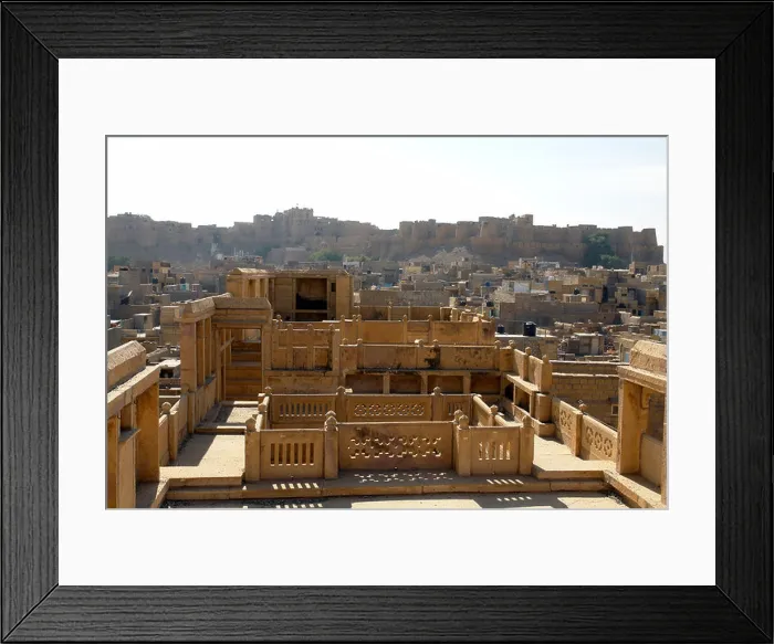Framed Print : rooftop view of traditional indian haveli or merchants house with the old town of jaisalmer in the distance Framed Print : rooftop view of traditional indian haveli or merchants house with the old town of jaisalmer in the distance