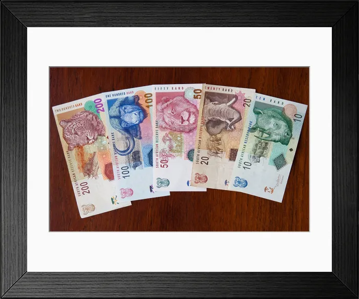 Framed Print : South African banknotes various denominations from 10 to 200 rand notes ZAR rands paper money Southern Africa Framed Print : South African banknotes various denominations from 10 to 200 rand notes ZAR rands paper money Southern Africa
