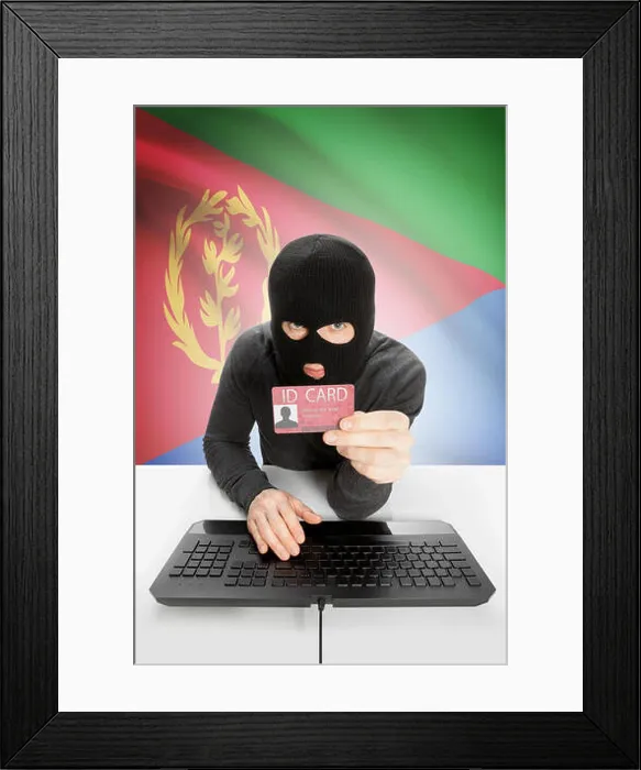 Framed Print : Hacker with ID card in hand and flag on background - Eritrea Framed Print : Hacker with ID card in hand and flag on background - Eritrea