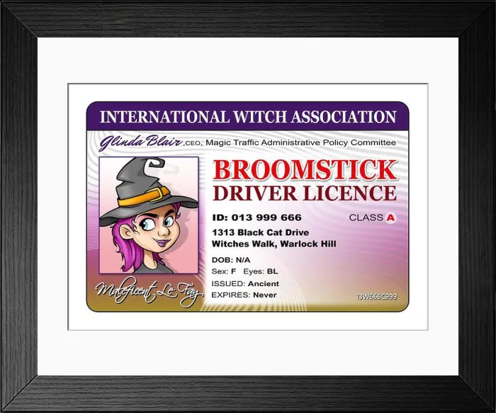 Framed Print : Driver's license for witches, license to ride a broomstick Framed Print : Driver's license for witches, license to ride a broomstick