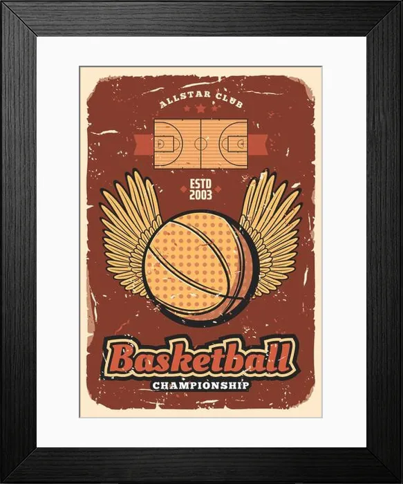 Framed Print : Basketball retro poster of ball with winner wings on sport court