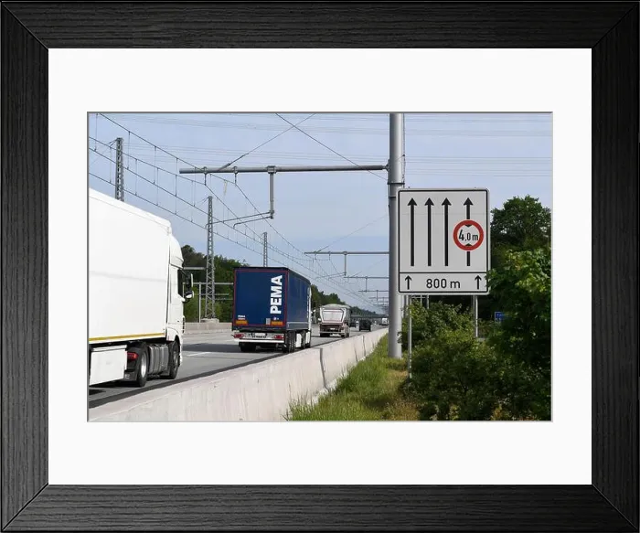 Framed Print : E-Highway test track on the A5 freeway between Darmstadt and Frankfurt (D) for electric hybrid truck Framed Print : E-Highway test track on the A5 freeway between Darmstadt and Frankfurt (D) for electric hybrid truck