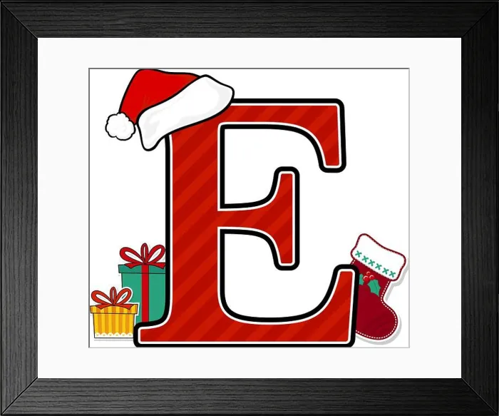 Framed Print : capital letter e with red santa's hat and christmas design elements isolated on white background Framed Print : capital letter e with red santa's hat and christmas design elements isolated on white background