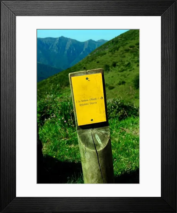 Framed Print : Sign indicating the source of Ahuzki or Ahuski in the French Basque Pyrenees Framed Print : Sign indicating the source of Ahuzki or Ahuski in the French Basque Pyrenees