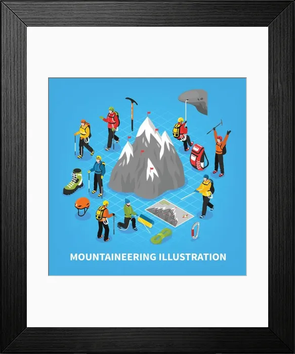 Framed Print : Mountaineering isometric vector illustration with snow mountain touristic equipment and tools for climbers rising Framed Print : Mountaineering isometric vector illustration with snow mountain touristic equipment and tools for climbers rising